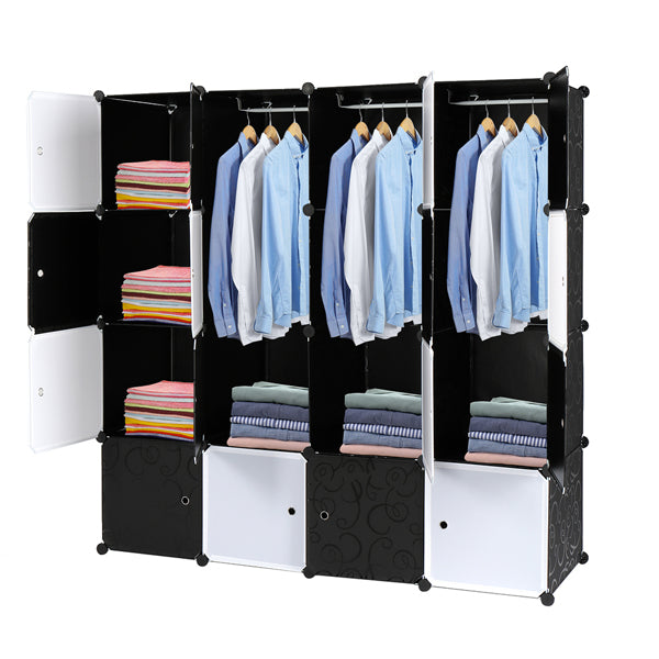 4-Layer 16-Cell Black And White Cube Wardrobe With 3 Clothes Rails