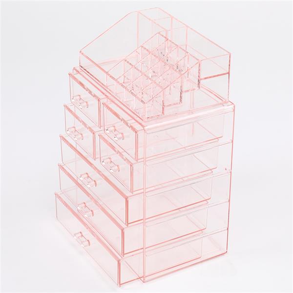 2Pcs / Set Plastic Transparent Cosmetics Storage Rack 7 Large Drawers Pink