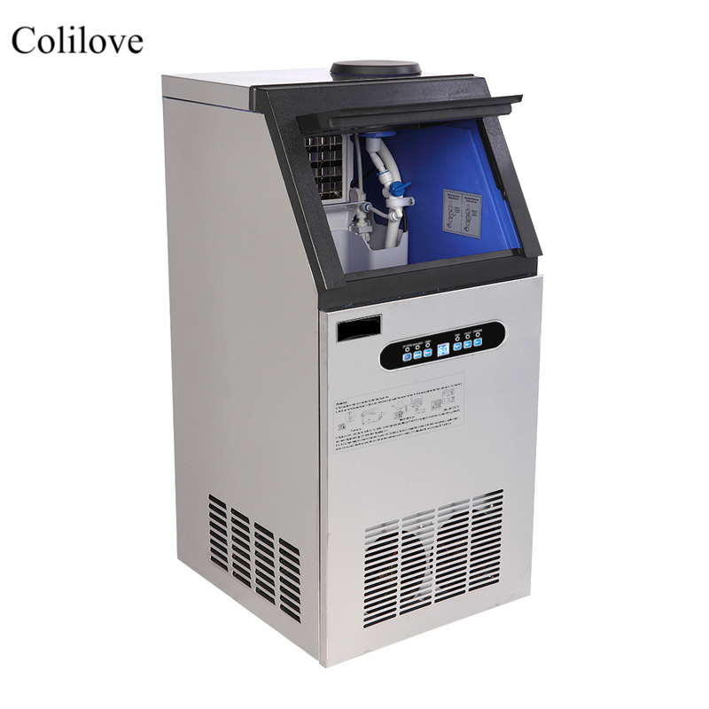 Colilove 120V 240W 110lbs/50kg/24h Ice Maker Stainless Steel Transparent Frosted Lid/Display/4*9 Aluminum Ice Tray Commercial Silver  Ice cube making machines