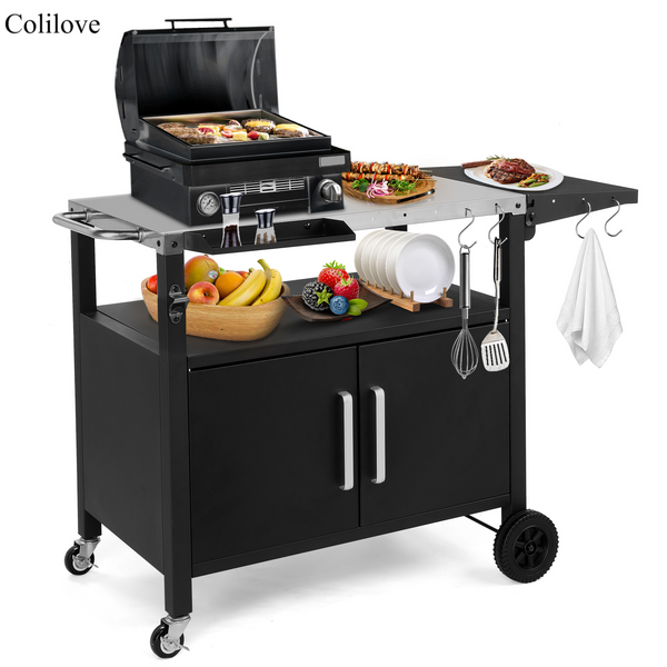 Colilove Outdoor Grill Cart with Storage, Rolling Bar Cart Movable Kitchen Island for BBQ, Patio Dining Cart Table for Food Prep with Wheels Hooks Foldable Top Barbecue grills