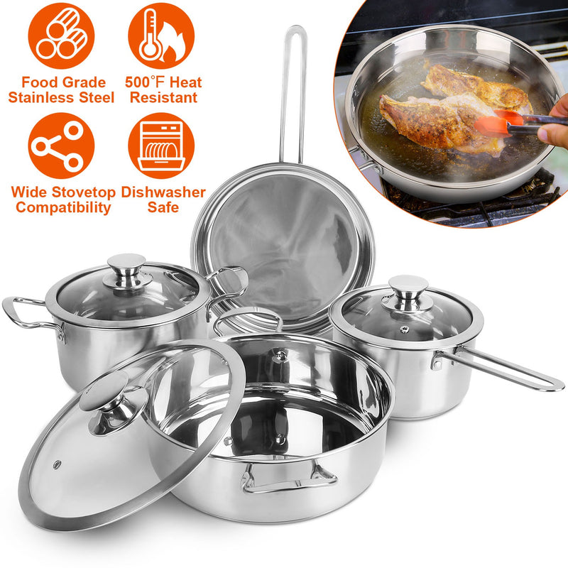 Colilove Stainless Steel Cookware Set Fast Even Heat Induction Pots Pans Set Dishwasher Safe with 2.7/3.7 Quart Stockpot 2 Quart Saucepan 9.17in Frying Pan Electric frying pans