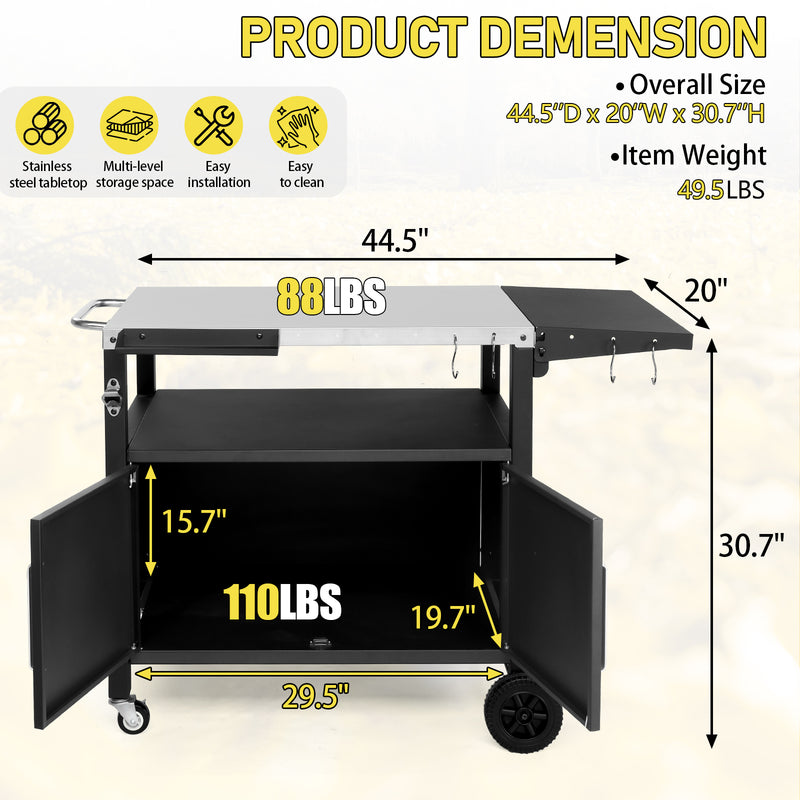 Colilove Outdoor Grill Cart with Storage, Rolling Bar Cart Movable Kitchen Island for BBQ, Patio Dining Cart Table for Food Prep with Wheels Hooks Foldable Top Barbecue grills