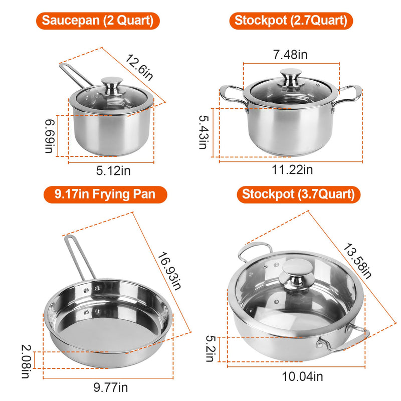Colilove Stainless Steel Cookware Set Fast Even Heat Induction Pots Pans Set Dishwasher Safe with 2.7/3.7 Quart Stockpot 2 Quart Saucepan 9.17in Frying Pan Electric frying pans