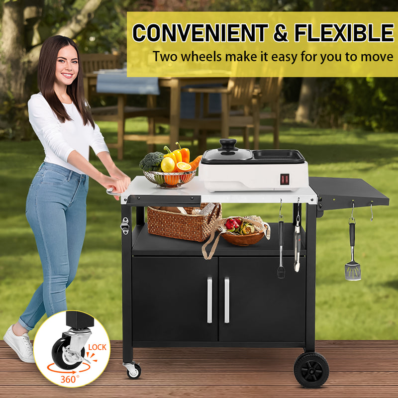 Colilove Outdoor Grill Cart with Storage, Rolling Bar Cart Movable Kitchen Island for BBQ, Patio Dining Cart Table for Food Prep with Wheels Hooks Foldable Top Barbecue grills