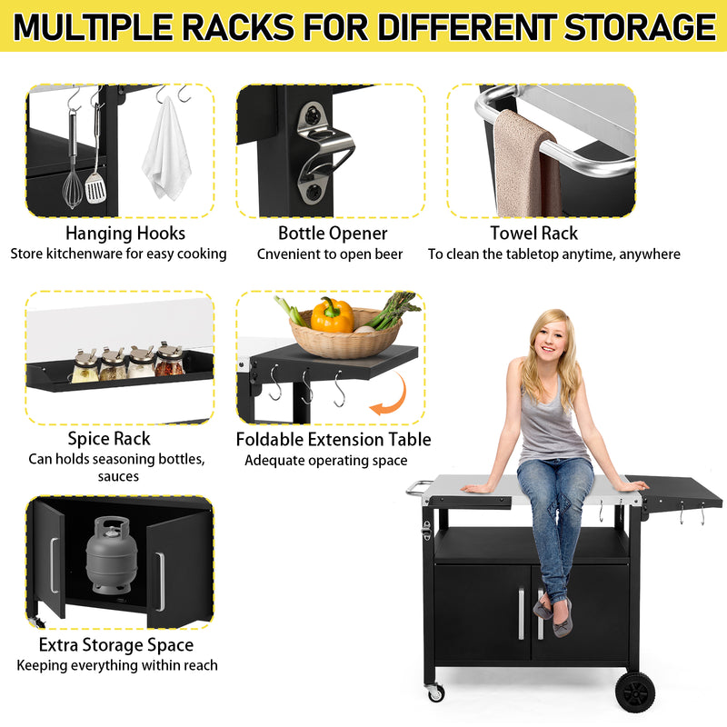 Colilove Outdoor Grill Cart with Storage, Rolling Bar Cart Movable Kitchen Island for BBQ, Patio Dining Cart Table for Food Prep with Wheels Hooks Foldable Top Barbecue grills