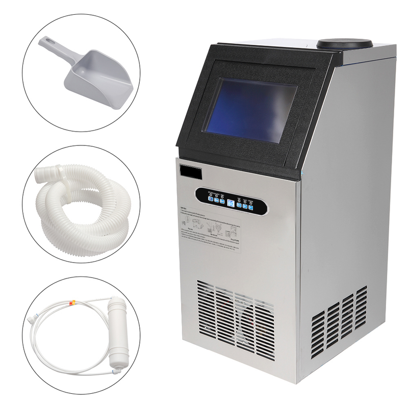 Colilove 120V 240W 110lbs/50kg/24h Ice Maker Stainless Steel Transparent Frosted Lid/Display/4*9 Aluminum Ice Tray Commercial Silver  Ice cube making machines