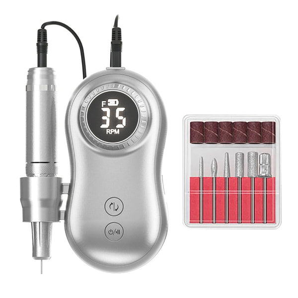 Enshey Nail Drill Machine 35000RPM LCD Display USB Rechargeable Electric Nail Polishing Machine with 6 Bits Silver