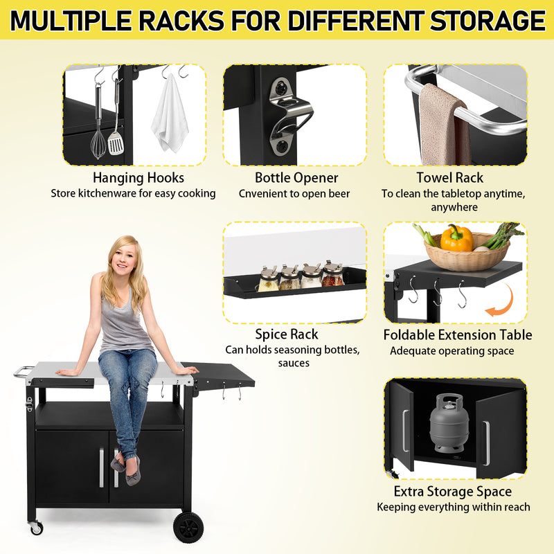 Colilove Outdoor Grill Cart with Storage, Rolling Bar Cart Movable Kitchen Island for BBQ, Patio Dining Cart Table for Food Prep with Wheels Hooks Foldable Top Barbecue grills