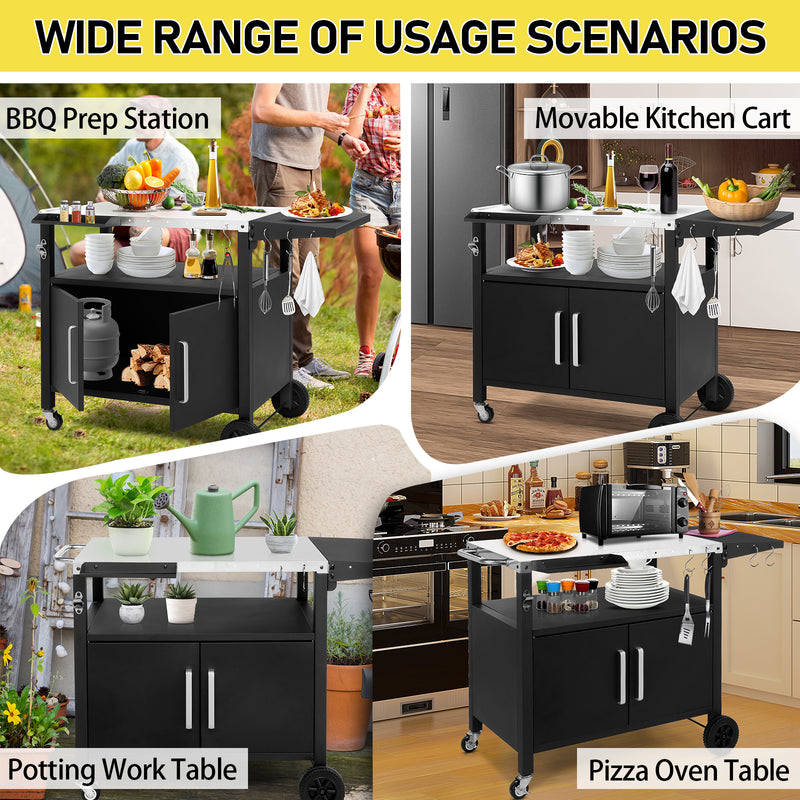 Colilove Outdoor Grill Cart with Storage, Rolling Bar Cart Movable Kitchen Island for BBQ, Patio Dining Cart Table for Food Prep with Wheels Hooks Foldable Top Barbecue grills
