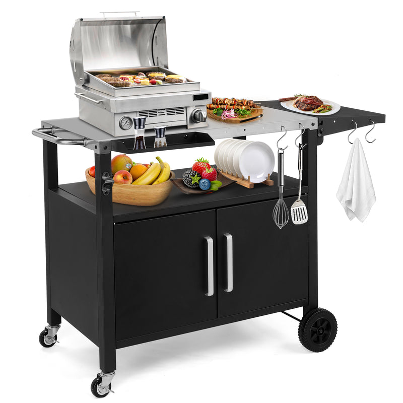 Colilove Outdoor Grill Cart with Storage, Rolling Bar Cart Movable Kitchen Island for BBQ, Patio Dining Cart Table for Food Prep with Wheels Hooks Foldable Top Barbecue grills
