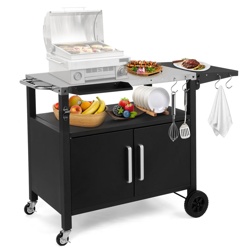 Colilove Outdoor Grill Cart with Storage, Rolling Bar Cart Movable Kitchen Island for BBQ, Patio Dining Cart Table for Food Prep with Wheels Hooks Foldable Top Barbecue grills