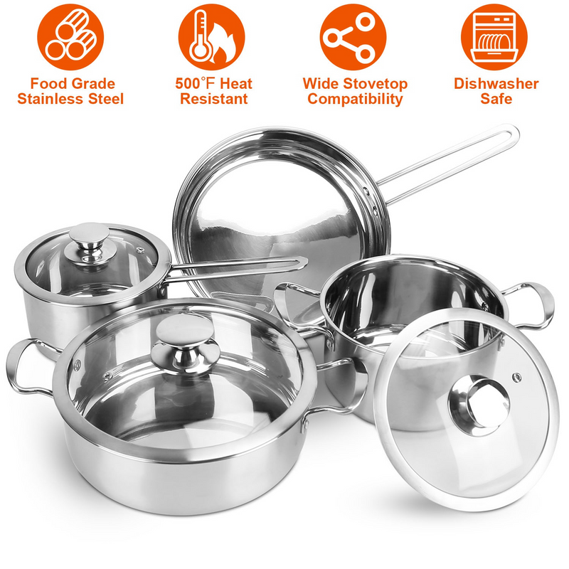 Colilove Stainless Steel Cookware Set Fast Even Heat Induction Pots Pans Set Dishwasher Safe with 2.7/3.7 Quart Stockpot 2 Quart Saucepan 9.17in Frying Pan Electric frying pans