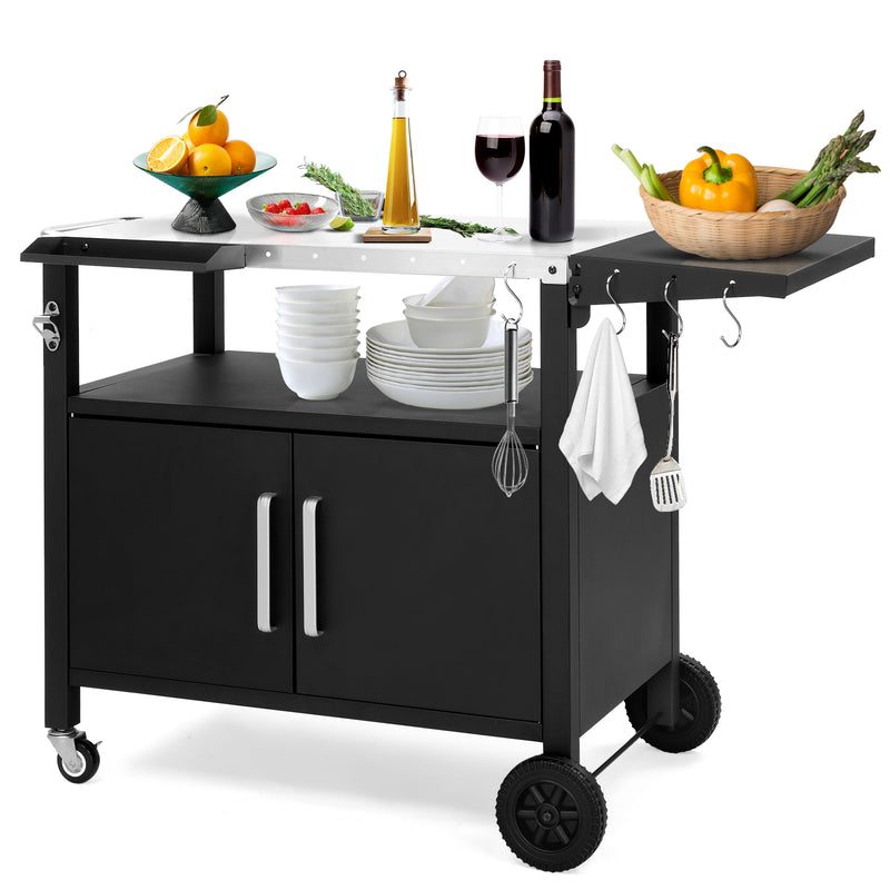 Colilove Outdoor Grill Cart with Storage, Rolling Bar Cart Movable Kitchen Island for BBQ, Patio Dining Cart Table for Food Prep with Wheels Hooks Foldable Top Barbecue grills
