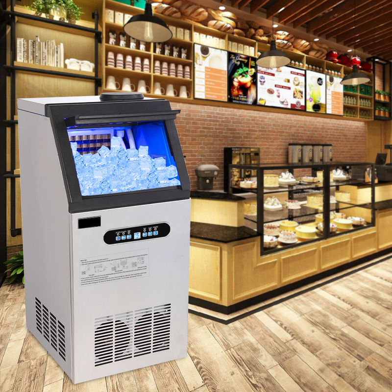 Colilove 120V 240W 110lbs/50kg/24h Ice Maker Stainless Steel Transparent Frosted Lid/Display/4*9 Aluminum Ice Tray Commercial Silver  Ice cube making machines