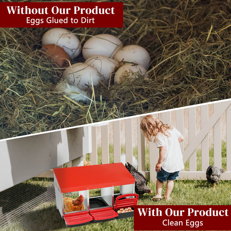 3 Compartment Roll Out Chicken Nesting Box with Plastic Basket, Egg Nest Box Chicken Laying Box Hens Chicken Coop Box, Red