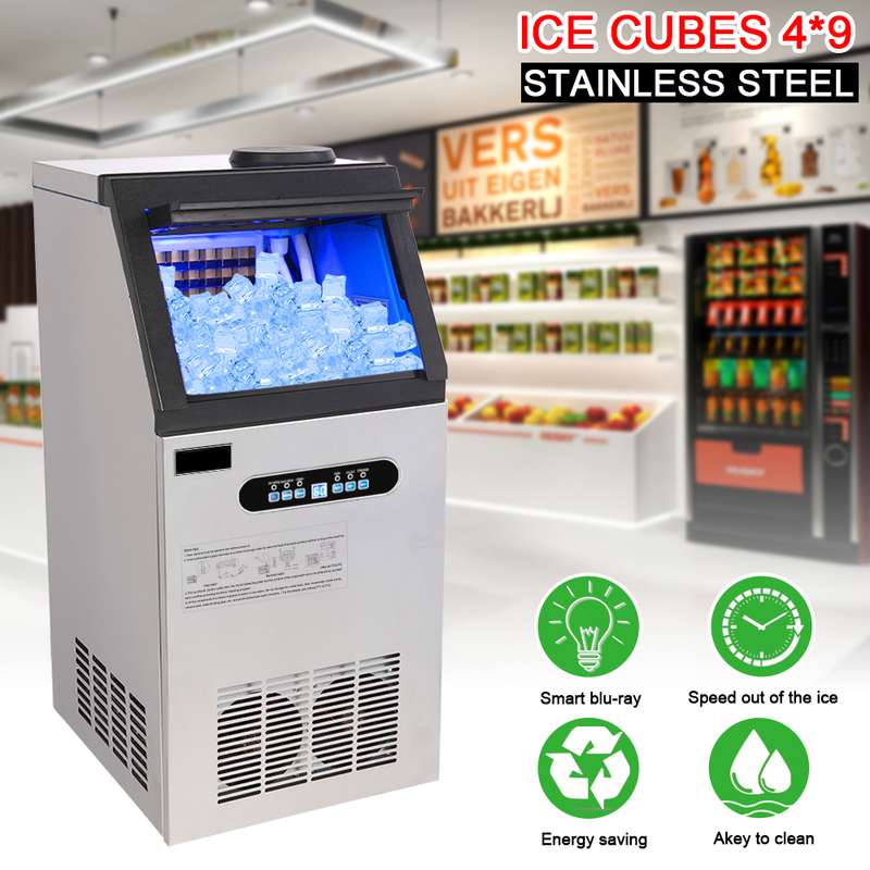 Colilove 120V 240W 110lbs/50kg/24h Ice Maker Stainless Steel Transparent Frosted Lid/Display/4*9 Aluminum Ice Tray Commercial Silver  Ice cube making machines