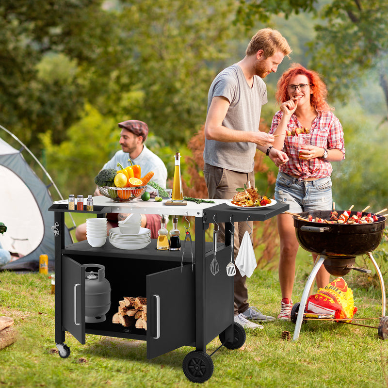 Colilove Outdoor Grill Cart with Storage, Rolling Bar Cart Movable Kitchen Island for BBQ, Patio Dining Cart Table for Food Prep with Wheels Hooks Foldable Top Barbecue grills