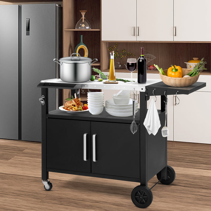 Colilove Outdoor Grill Cart with Storage, Rolling Bar Cart Movable Kitchen Island for BBQ, Patio Dining Cart Table for Food Prep with Wheels Hooks Foldable Top Barbecue grills