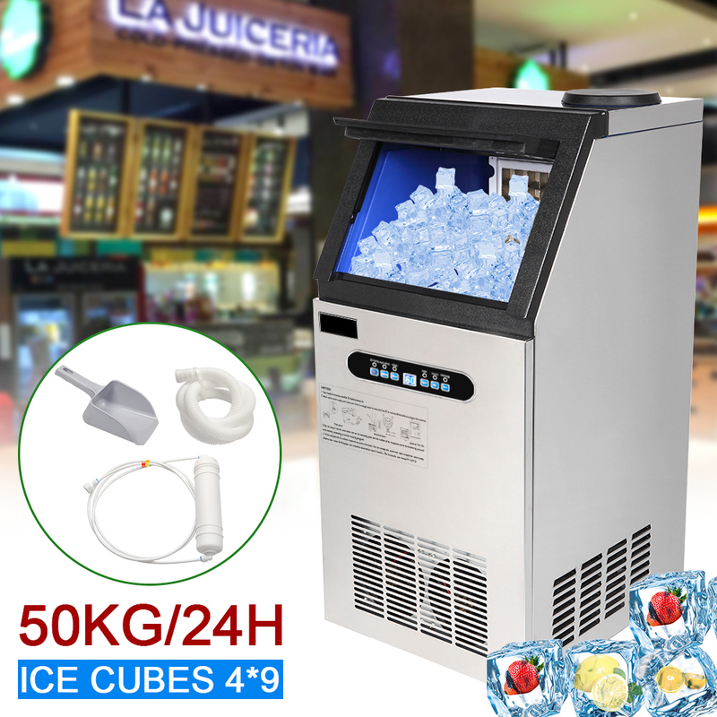 Colilove 120V 240W 110lbs/50kg/24h Ice Maker Stainless Steel Transparent Frosted Lid/Display/4*9 Aluminum Ice Tray Commercial Silver  Ice cube making machines