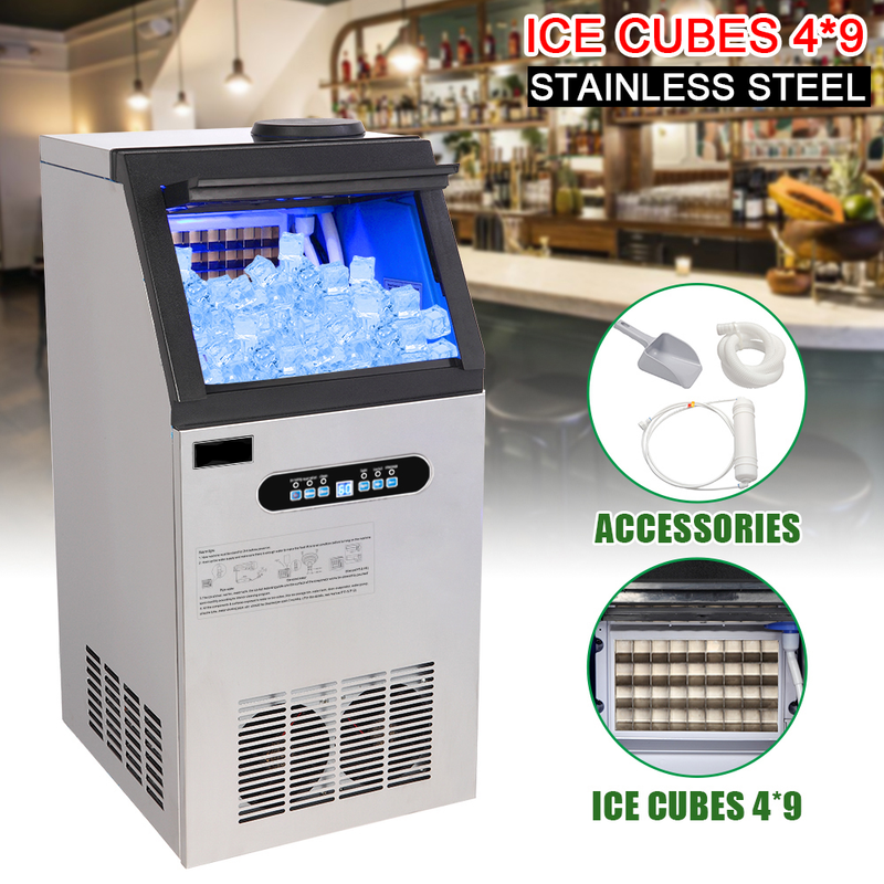 Colilove 120V 240W 110lbs/50kg/24h Ice Maker Stainless Steel Transparent Frosted Lid/Display/4*9 Aluminum Ice Tray Commercial Silver  Ice cube making machines