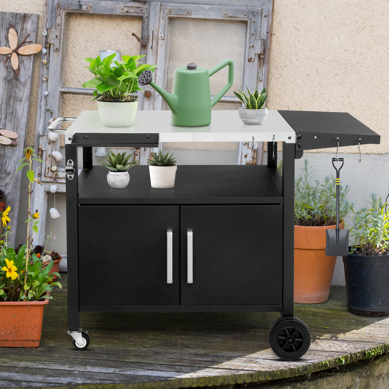 Colilove Outdoor Grill Cart with Storage, Rolling Bar Cart Movable Kitchen Island for BBQ, Patio Dining Cart Table for Food Prep with Wheels Hooks Foldable Top Barbecue grills