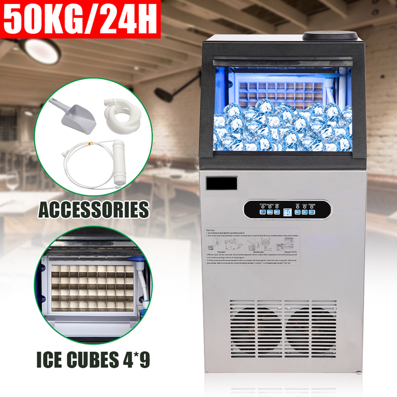 Colilove 120V 240W 110lbs/50kg/24h Ice Maker Stainless Steel Transparent Frosted Lid/Display/4*9 Aluminum Ice Tray Commercial Silver  Ice cube making machines