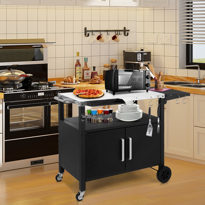 Colilove Outdoor Grill Cart with Storage, Rolling Bar Cart Movable Kitchen Island for BBQ, Patio Dining Cart Table for Food Prep with Wheels Hooks Foldable Top Barbecue grills
