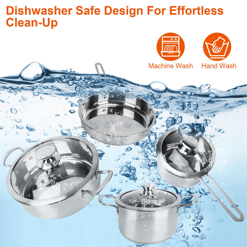Colilove Stainless Steel Cookware Set Fast Even Heat Induction Pots Pans Set Dishwasher Safe with 2.7/3.7 Quart Stockpot 2 Quart Saucepan 9.17in Frying Pan Electric frying pans