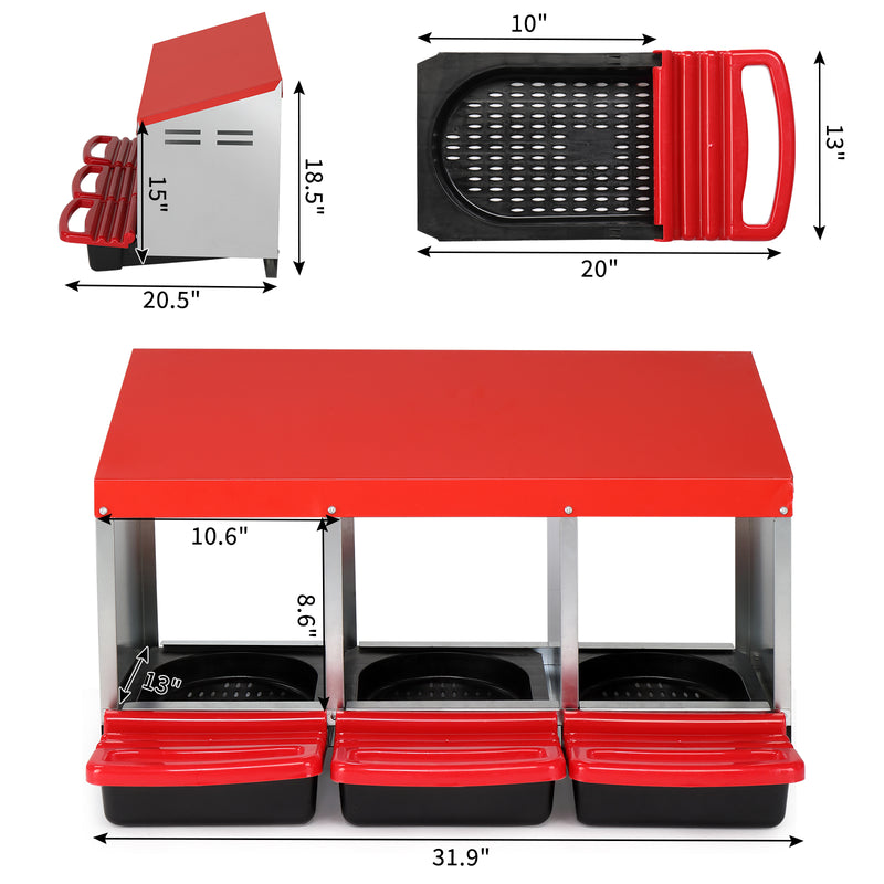 3 Compartment Roll Out Chicken Nesting Box with Plastic Basket, Egg Nest Box Chicken Laying Box Hens Chicken Coop Box, Red