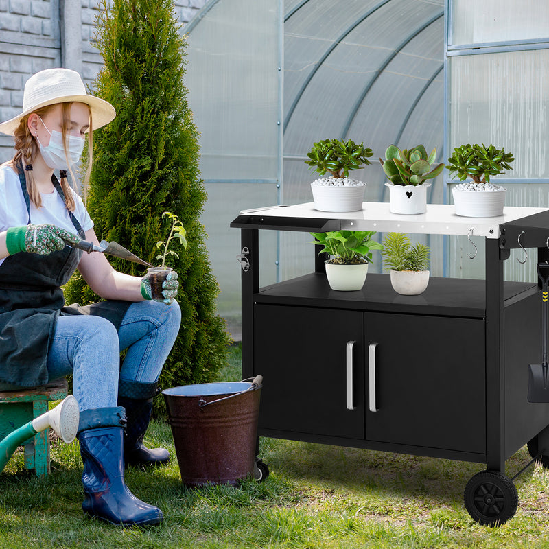 Colilove Outdoor Grill Cart with Storage, Rolling Bar Cart Movable Kitchen Island for BBQ, Patio Dining Cart Table for Food Prep with Wheels Hooks Foldable Top Barbecue grills