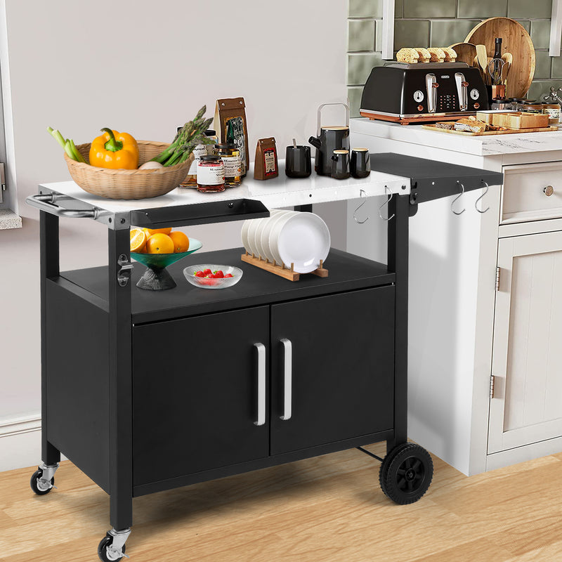 Colilove Outdoor Grill Cart with Storage, Rolling Bar Cart Movable Kitchen Island for BBQ, Patio Dining Cart Table for Food Prep with Wheels Hooks Foldable Top Barbecue grills