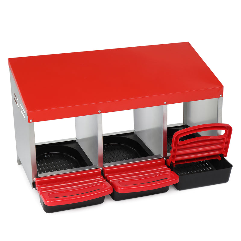 3 Compartment Roll Out Chicken Nesting Box with Plastic Basket, Egg Nest Box Chicken Laying Box Hens Chicken Coop Box, Red