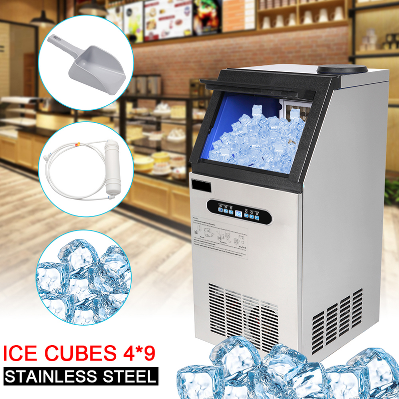Colilove 120V 240W 110lbs/50kg/24h Ice Maker Stainless Steel Transparent Frosted Lid/Display/4*9 Aluminum Ice Tray Commercial Silver  Ice cube making machines