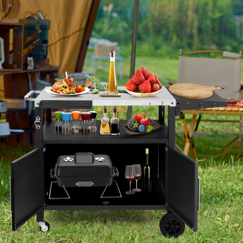 Colilove Outdoor Grill Cart with Storage, Rolling Bar Cart Movable Kitchen Island for BBQ, Patio Dining Cart Table for Food Prep with Wheels Hooks Foldable Top Barbecue grills