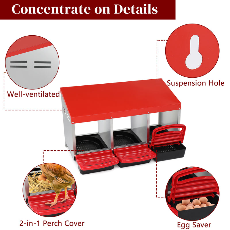 3 Compartment Roll Out Chicken Nesting Box with Plastic Basket, Egg Nest Box Chicken Laying Box Hens Chicken Coop Box, Red