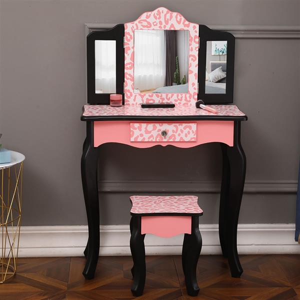 Three-Fold Mirror Single Drawer Arc Feet Children Dresser Pink Leopard Print