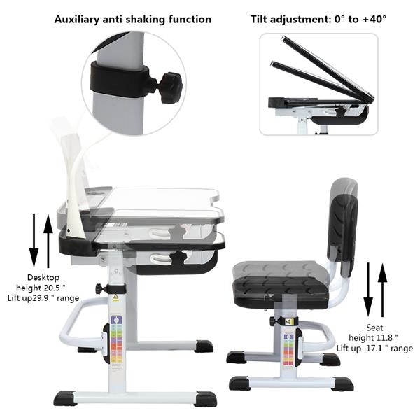 70CM Lifting Children Learning Table And Chair Black (With Table Lamp)