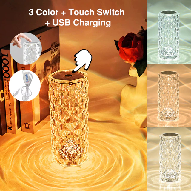 LED Crystal Table Lamp Rose Light Projector 3/16 Colors Touch Adjustable Romantic Diamond Atmosphere Light