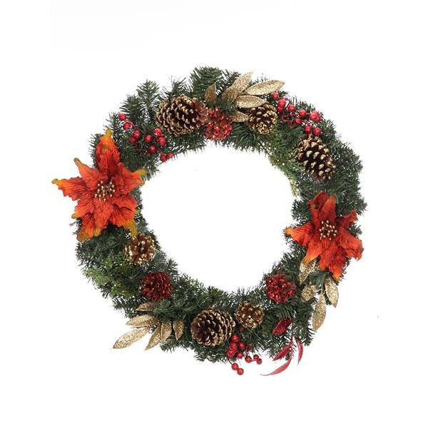 Christmas Wreath Decorated With Red Flowers And Pine Nuts