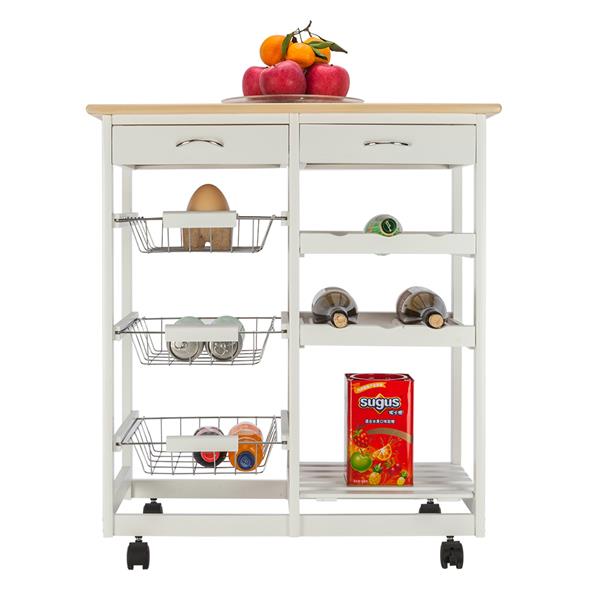 Moveable Kitchen Cart White with Two Drawers & Two Wine Racks & Three Baskets