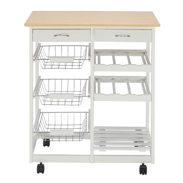 Moveable Kitchen Cart White with Two Drawers & Two Wine Racks & Three Baskets