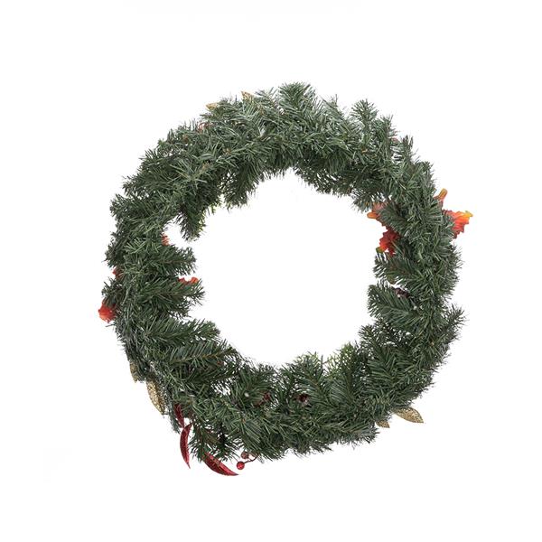 Christmas Wreath Decorated With Red Flowers And Pine Nuts
