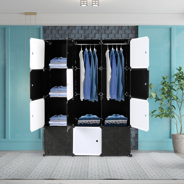 4-Layer 12-Cell Black And White Cube Wardrobe With 2 Clothes Rails
