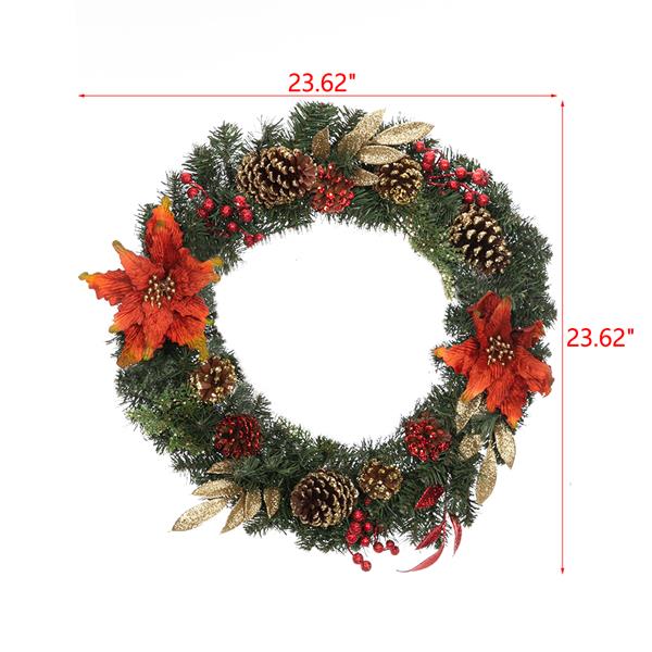 Christmas Wreath Decorated With Red Flowers And Pine Nuts