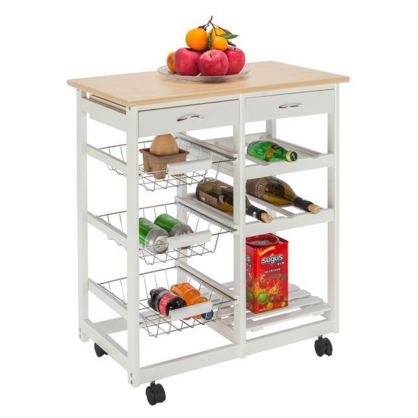 Moveable Kitchen Cart White with Two Drawers & Two Wine Racks & Three Baskets