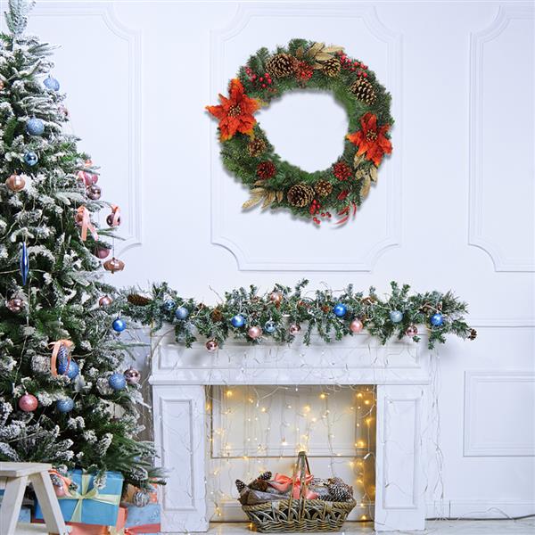 Christmas Wreath Decorated With Red Flowers And Pine Nuts