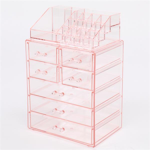 2Pcs / Set Plastic Transparent Cosmetics Storage Rack 7 Large Drawers Pink