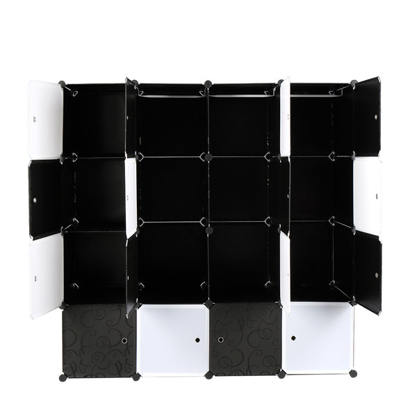 4-Layer 16-Cell Black And White Cube Wardrobe With 3 Clothes Rails