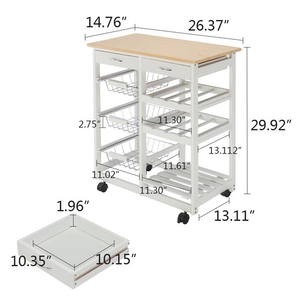 Moveable Kitchen Cart White with Two Drawers & Two Wine Racks & Three Baskets