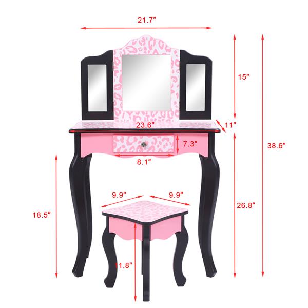 Three-Fold Mirror Single Drawer Arc Feet Children Dresser Pink Leopard Print